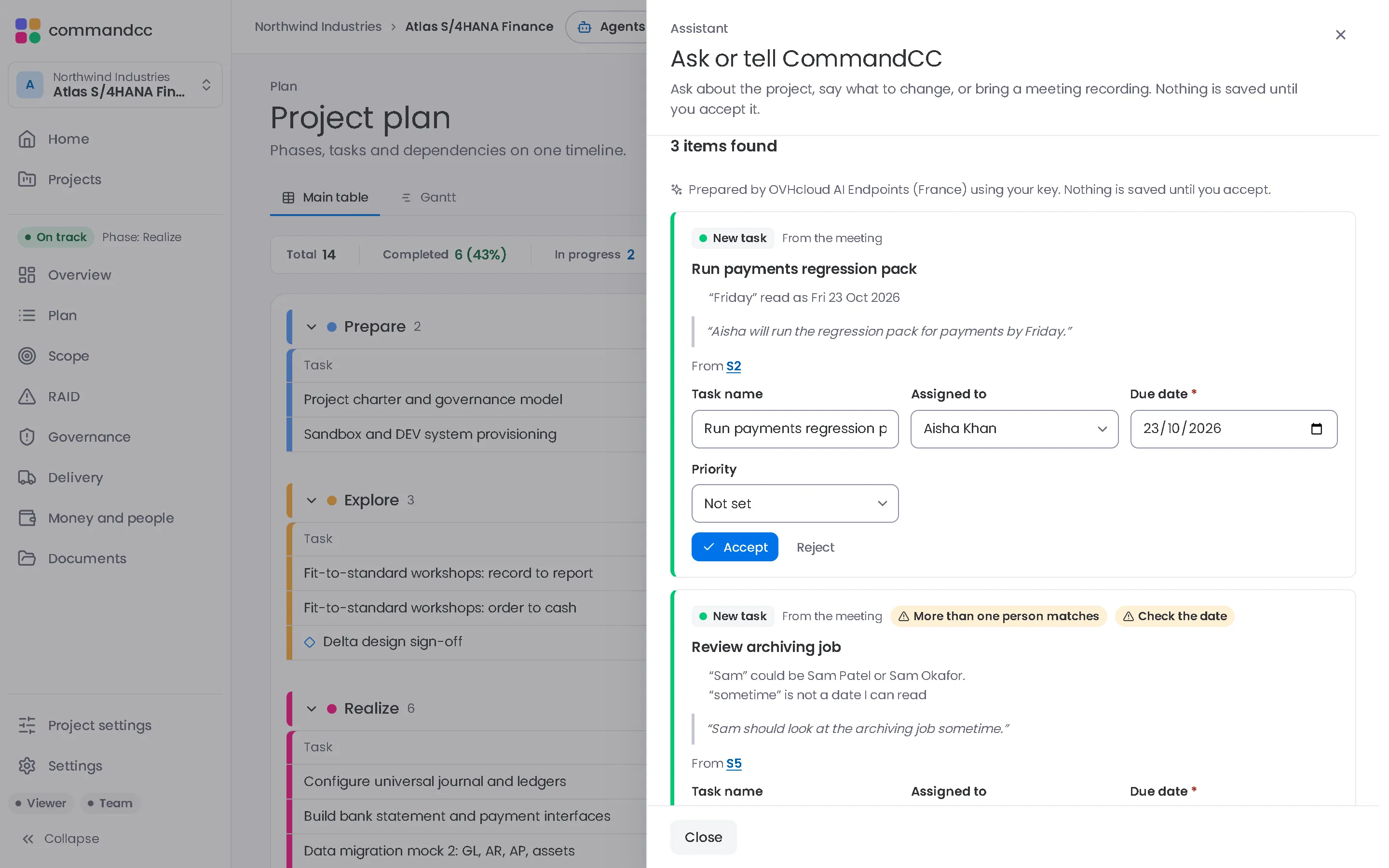 CommandCC assistant with an imported meeting: proposed tasks, each linked to its transcript passage and waiting to be accepted, with sample data